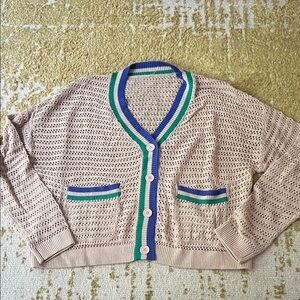 Beige Cardigan Sweater with Blue and Green Trim